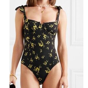Ganni Floral Swimsuit size S (36) Black Yellow Floral Tie Shoulder #1242